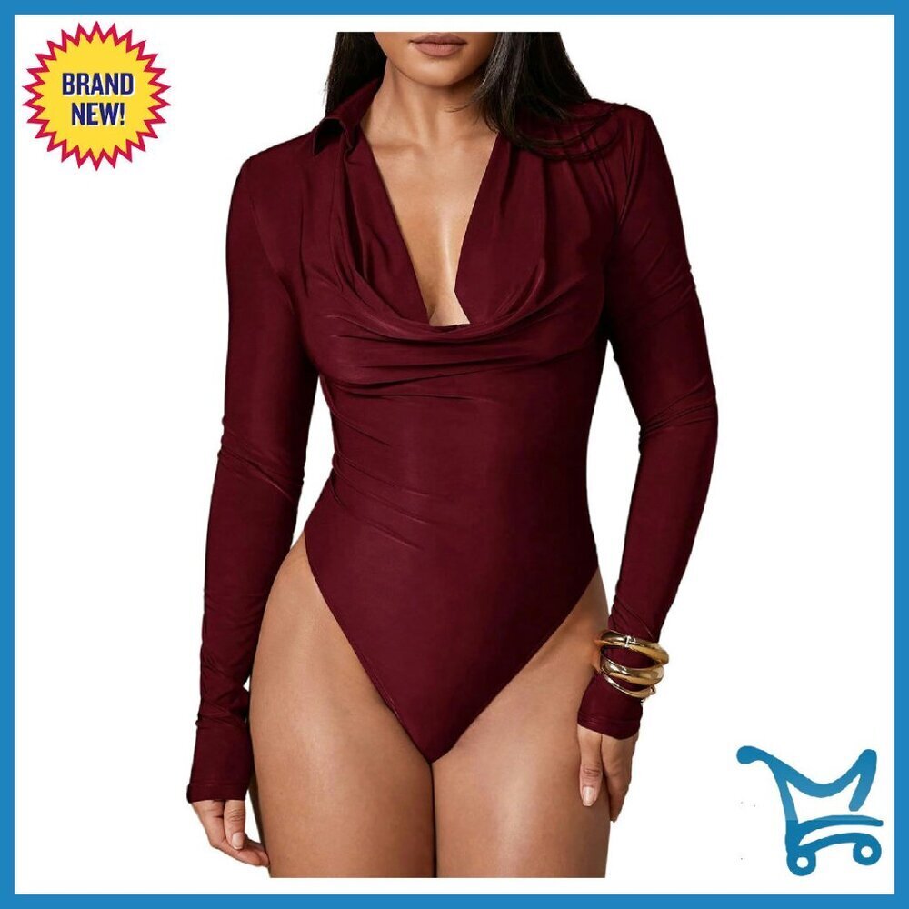 Long Sleeve Bodysuit with Draped Cowl Neck, Slim Fit for Evening Wear